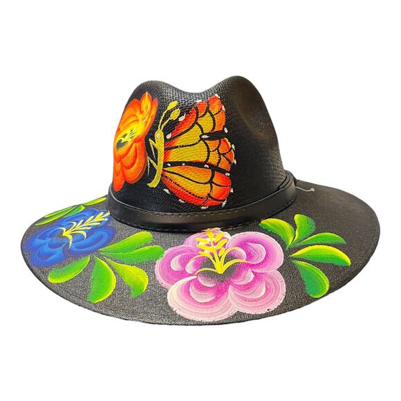 HAT MEXICAN Artisanal Hand Painted Fedora Floral Sombrero Panama Bohemian Black main image 11